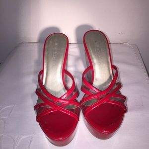 NINE WEST Red pleather wedges plastic heels 6